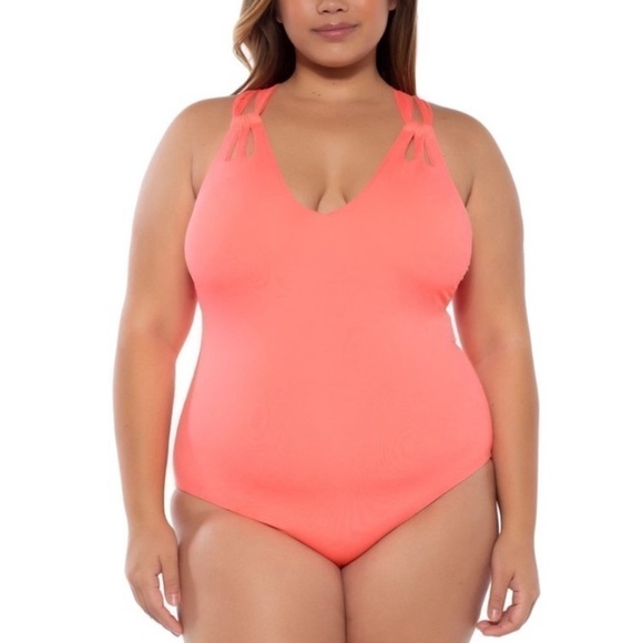 BECCA PLUS Size Women's Swimwear Coral Pink Strappy One Piece Swimsuit - Picture 1 of 9